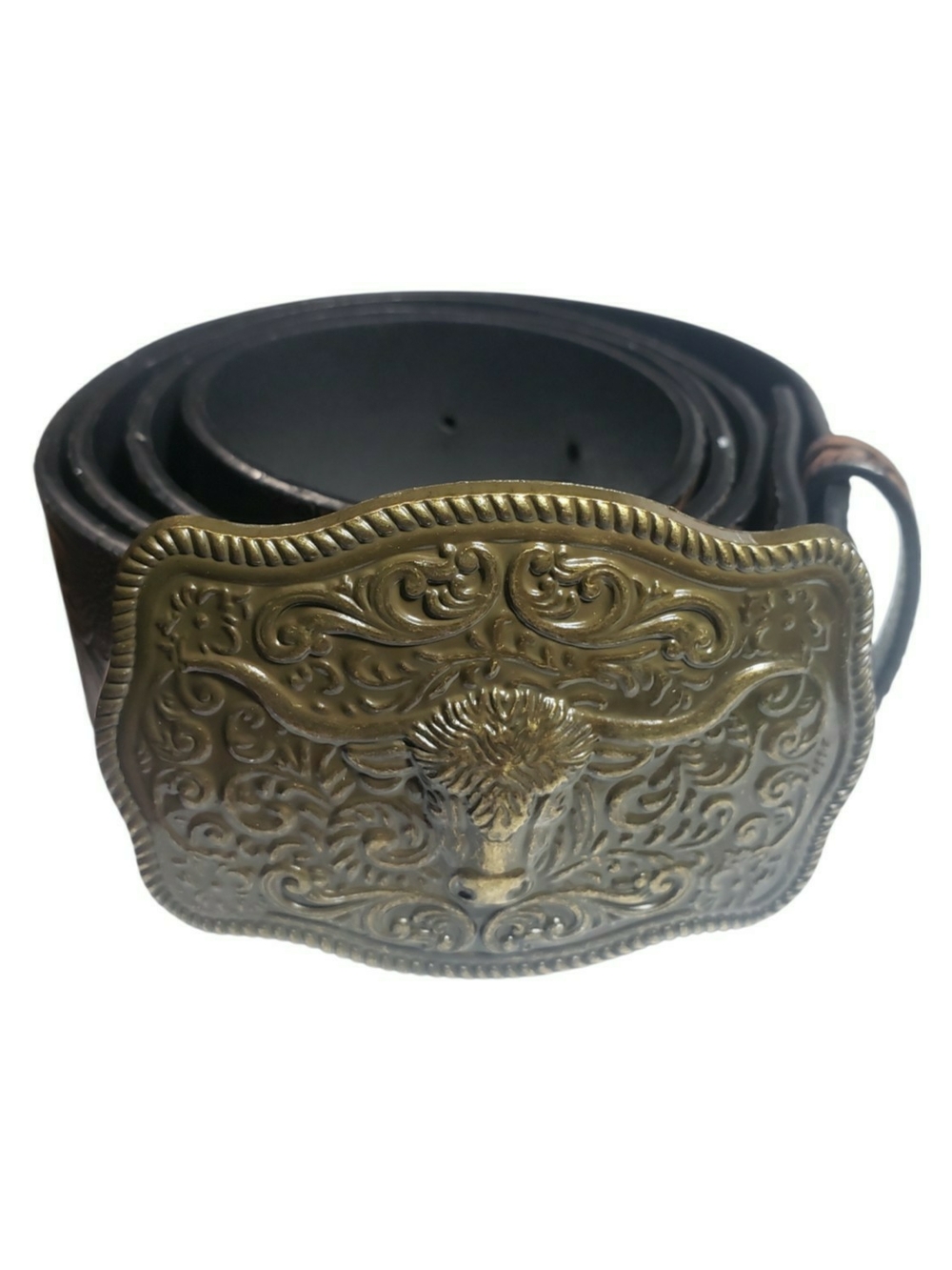 Western-style leather belt paired with a striking, antiqued gold-tone longhorn.